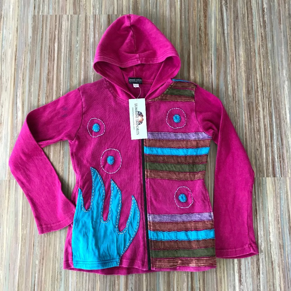 Lumbini Imports Pink Cotton Patchwork Zip-Up Hoodie Made in Nepal NWT